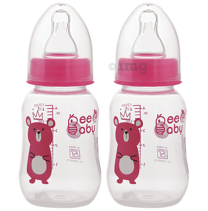 BeeBaby Start Slim Neck Baby Feeding Bottle with 4 Anti - Colic Gentle Touch Silicone Nipples 4 Months + (125ml Each) Pink