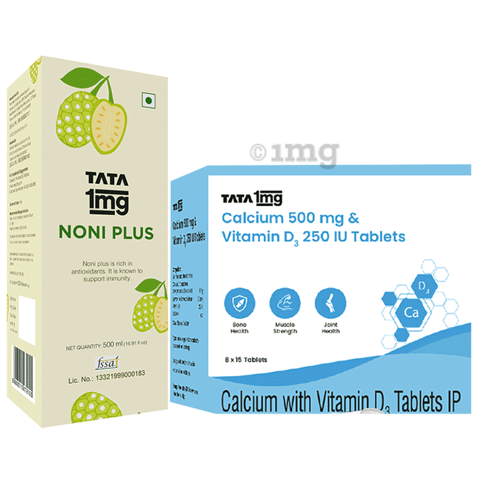 Combo Pack of Tata 1mg Noni Juice Plus with Rich Antioxidant (500ml) & Tata 1mg Calcium 500mg & Vitamin D3 250IU Tablet (15)