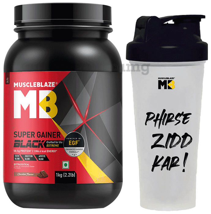 MuscleBlaze Combo Pack of Super Gainer Black with EGF Powder Chocolate Flavour 1kg and Shaker 650ml