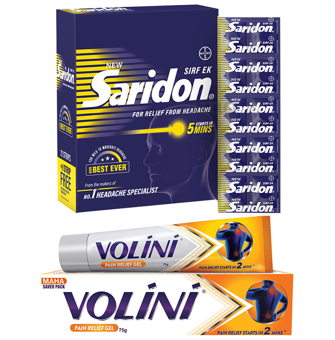 New Saridon Tablet for Fast Headache Relief (10) & Volini Pain Relief Gel for Sprain (75gm)