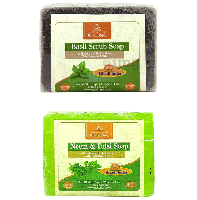 Khadi Pure Combo Pack of Basil Scrub Soap & Neem & Tulsi Soap (125gm Each)