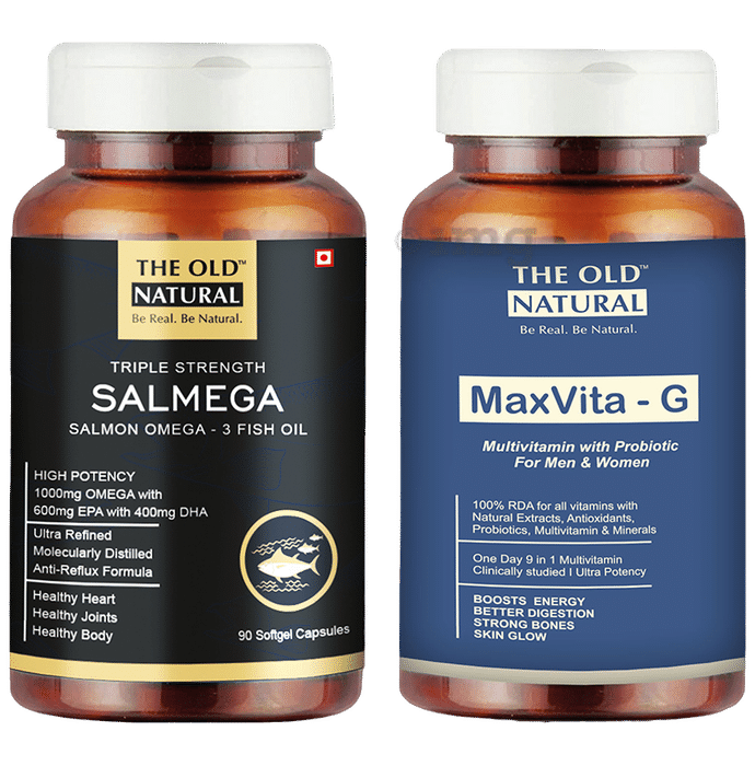 The Old Natural Combo Pack of Triple Strength Salmega Salmon Omega-3 Fish Oil (90 Capsule) &  Max Vita-G (60 Tablet)