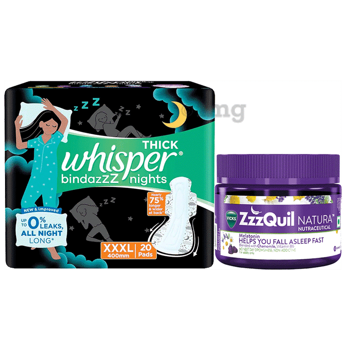 Combo Pack of Whisper Bindazzz Nights Pads XXXL (20 Each) & Vicks Zzz Quil Natural Melatonin Sleep Aid Nutraceutical Gummies (10 Each)
