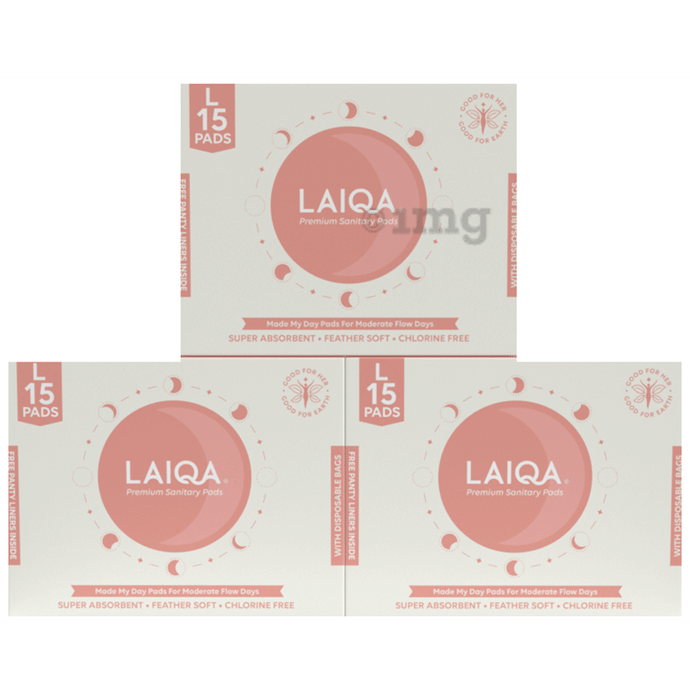 Laiqa Ultra Soft Sanitary Pads for Women (15) & Pantyliners Free (3) Large