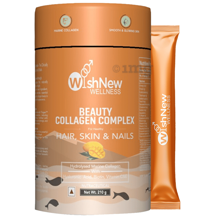 Wishnew Wellness Beauty Collagen Complex Sachet (10gm Each) for Healthy Hair, Skin and Nails with Hydrolysed Marine Collagen Hyaluronic Acid, Biotin & Vitamin C Mango