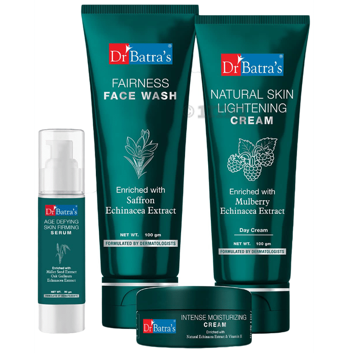 Dr Batra's Combo Pack of Fairness Face Wash 100gm, Natural Skin Lightening Cream 100gm, Age Defying Skin Firming Serum 50gm and Intense Moisturizing Cream 100gm