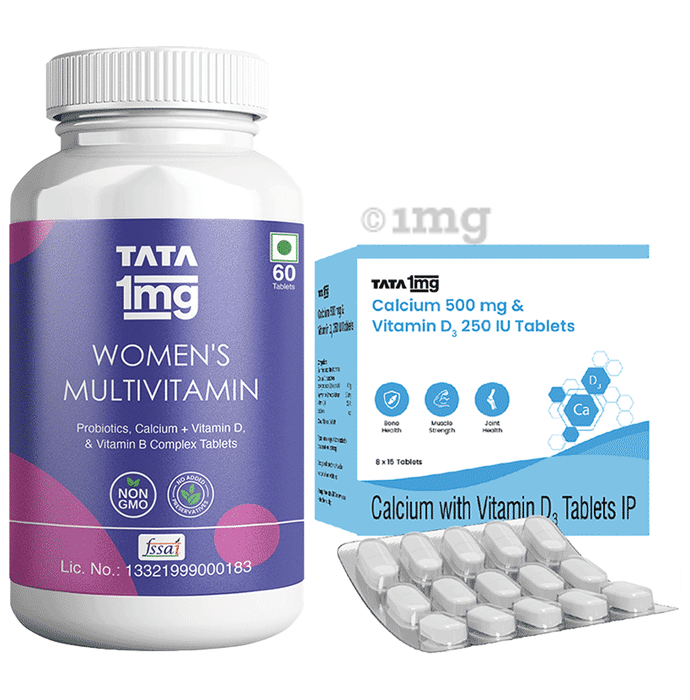 Combo Pack of Tata 1mg Women's Multivitamin Veg Tablet (60) & Tata 1mg Calcium 500mg & Vitamin D3 250IU Tablet (15)