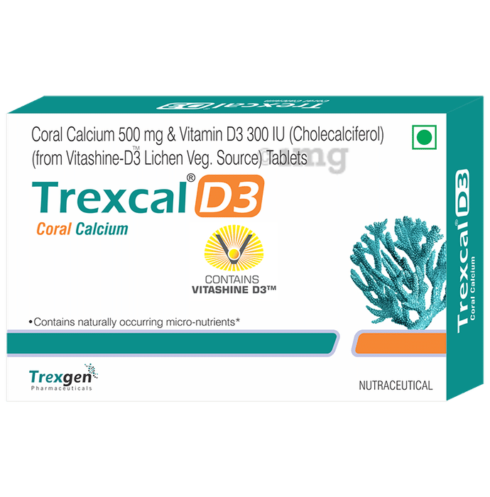 Trexgen Trexcal D3 | with Calcium & Cholecalciferol 300IU for Bone Health | Veg Tablet