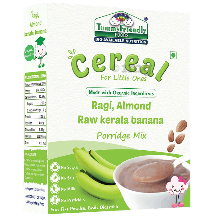 TummyFriendly Foods Cereal Ragi, Almond Raw Kerala Banana Certified 100% Organic Sprouted Ragi, Oats, Red Lentil, Banana Porridge Mix