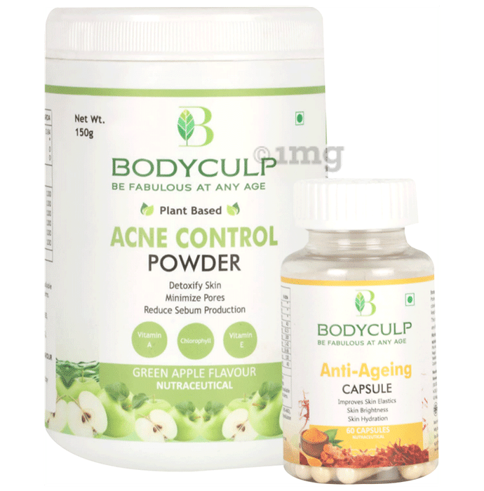 Bodyculp Combo Pack of Combo Pack of Plant Based Acne Control Powder Green Apple Flavour (150gm) & Anti-Ageing Capsules (60 Each)
