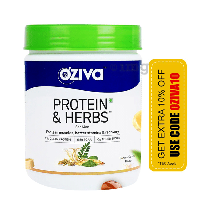 Oziva Protein & Herbs for Men | For Muscle Building, Stamina & Recovery | Banana Caramel