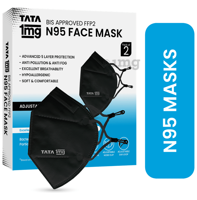 Tata 1mg BIS Approved FFP2 N95 Mask Black with Adjustable Ear Loop