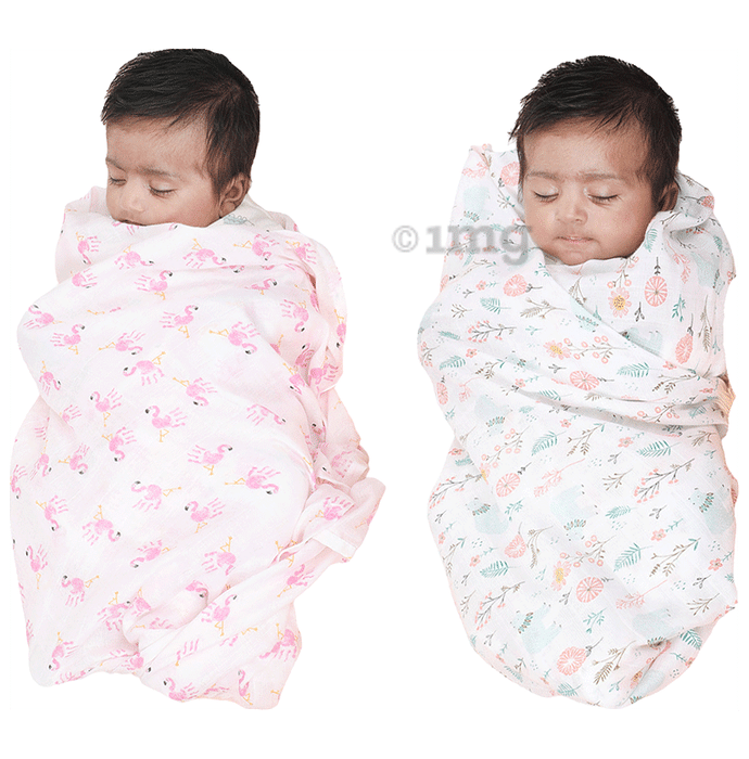 Polka Tots Muslin Cotton Swaddles Flamingo Fingers & Bloomy Bear White