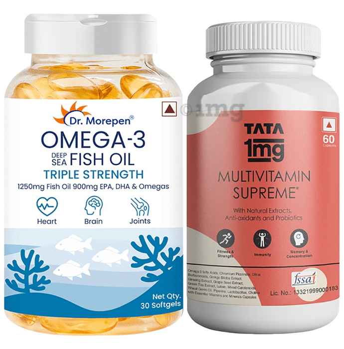 Combo Pack of Tata 1mg Multivitamin Supreme Capsule (60) & Dr. Morepen Omega 3 Deep Sea Fish Oil Triple Strength Softgel (30)