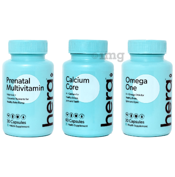 Hera Pregnancy Care Bundle Combo Pack of Prenatal Multivitamin 30 Capsule + Calcium Core 60 Capsule + Omega One 30 Capsule