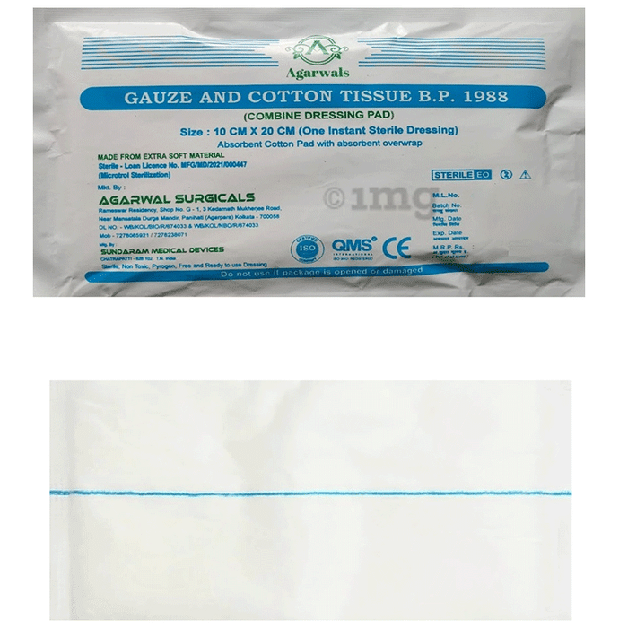 Agarwals Gauze and Cotton Tissue B.P 1988 (Combine Dressing Pad) 10cm x 20cm