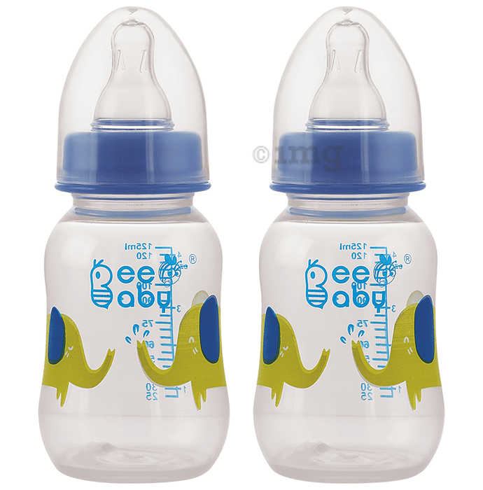 BeeBaby Start Slim Neck Baby Feeding Bottle with 4 Anti - Colic Gentle Touch Silicone Nipples 4 Months + (125ml Each) Blue