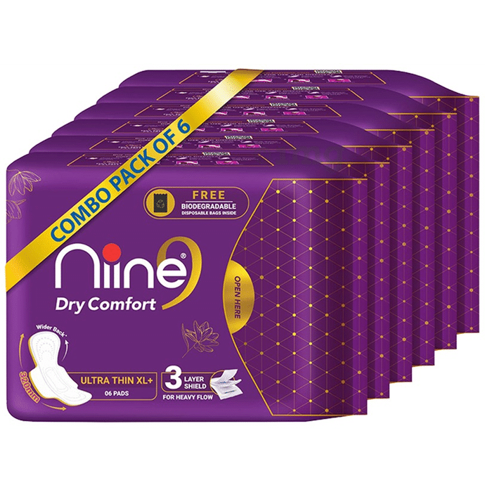 Niine Dry Comfort Ultra Thin Sanitary Pads for Heavy Flow with Biodegradable Disposable Bags Inside (6 Each) XL+