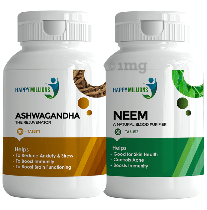 Happy Millions Combo Pack of Ashwagandha Tablets (30) & Neem Tablets (30)