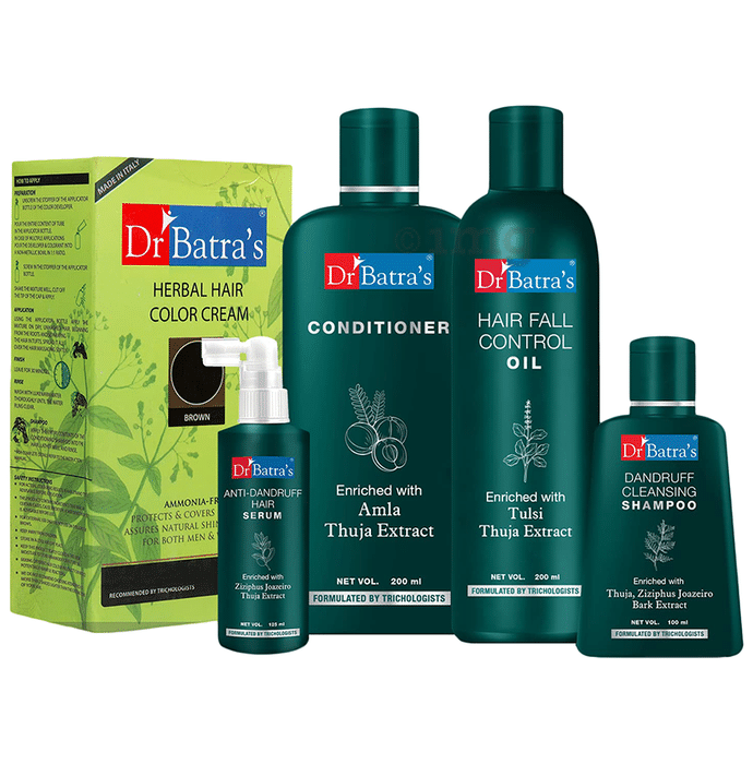 Dr Batra's Combo Pack of Dandruff Cleansing Shampoo 100ml, Conditioner 200ml, Anti-Dandruff Hair Serum 125ml, Hair Fall Control Oil 200ml and Herbal Hair Color Cream 130gm Brown