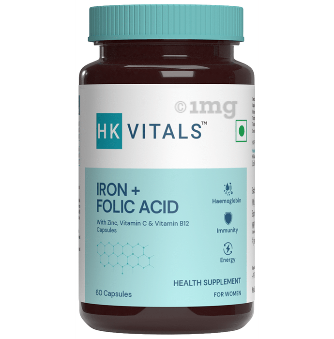Healthkart Vitals Iron + Folic Acid | With Zinc, Vitamin C & Vitamin B12 for Anaemia, Immunity & Energy | Capsule