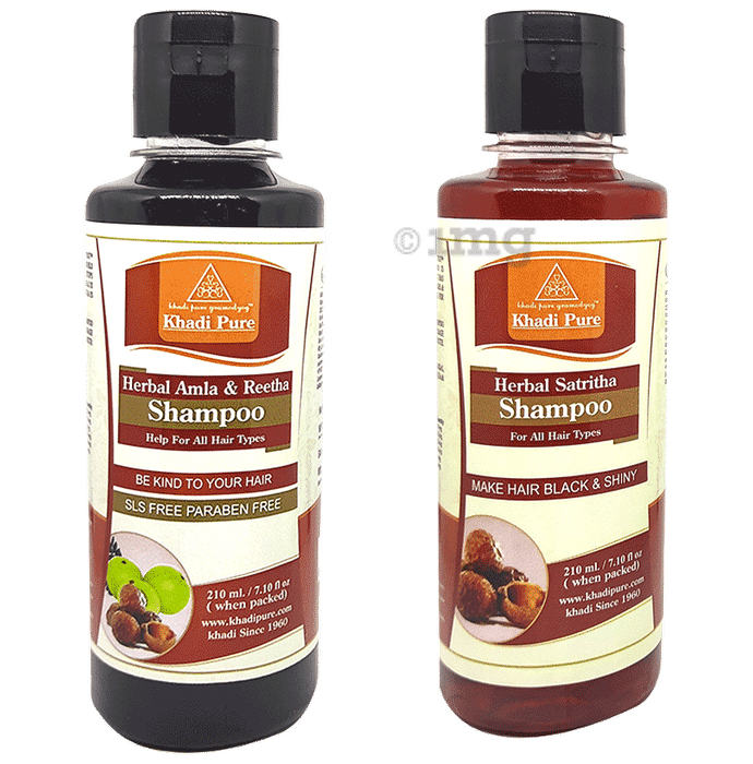 Khadi Pure Combo Pack of Herbal Satritha Shampoo & Herbal Amla & Bhringraj Shampoo SLS & Paraben Free (210ml Each)