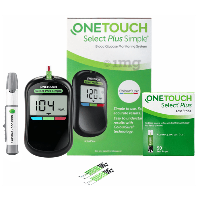 OneTouch Select Plus Combo of Simple Glucometer with 10 Free Strips & 50 Test Strips