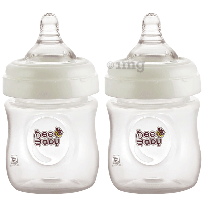 BeeBaby Ease Wide Neck Baby Feeding Bottle with Medium Flow Anti-Colic Soft Silicone Nipple 4 Months + (150ml Each) White