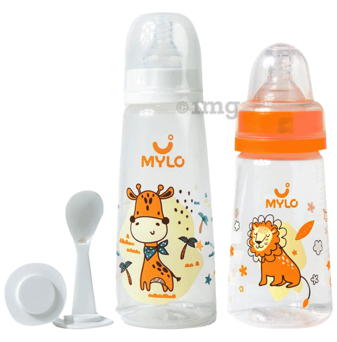 Mylo 2 In 1 BPA Free with Anti-Colic Nipple & Spoon Baby Feeding Bottle (125ml & 250 ml) Lion & Giraffe