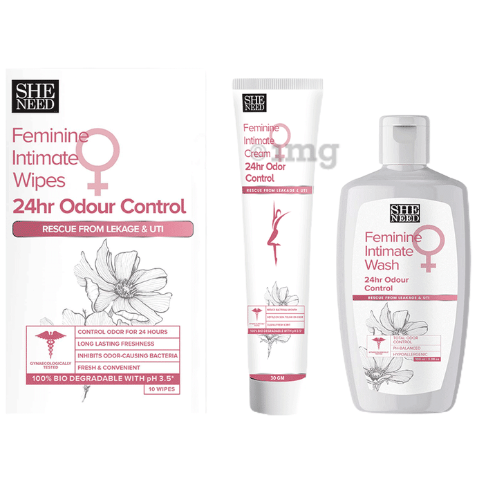 SheNeed Feminine Intimate 24 Hr Odor Control Combo Pack of Wipes (10), Wash (100ml) & Cream (30gm)