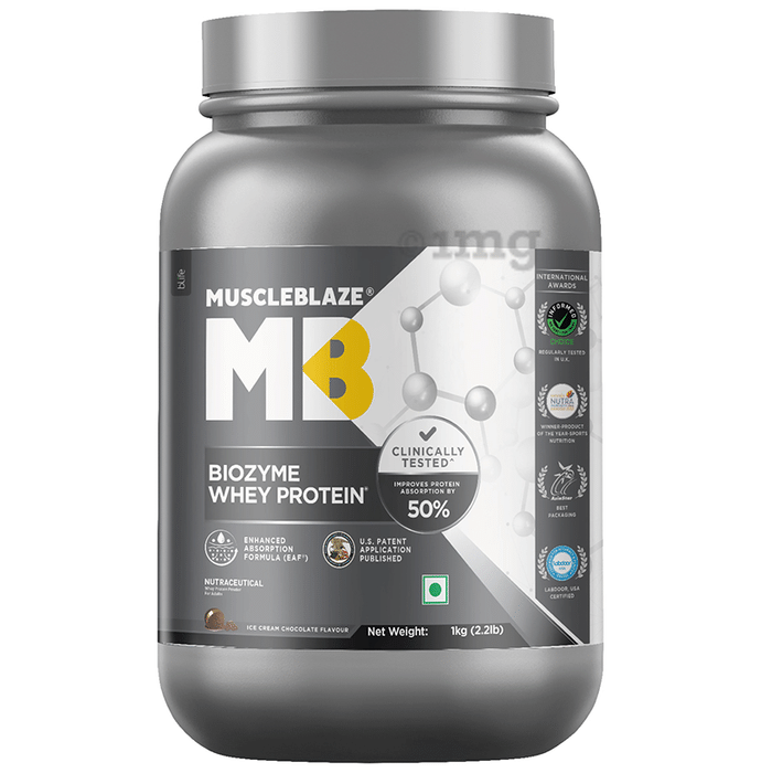 MuscleBlaze Ice Cream Chocolate Flavour | Biozyme Whey Protein | Powder for Muscle Gain | Improves Protein Absorption by 50%