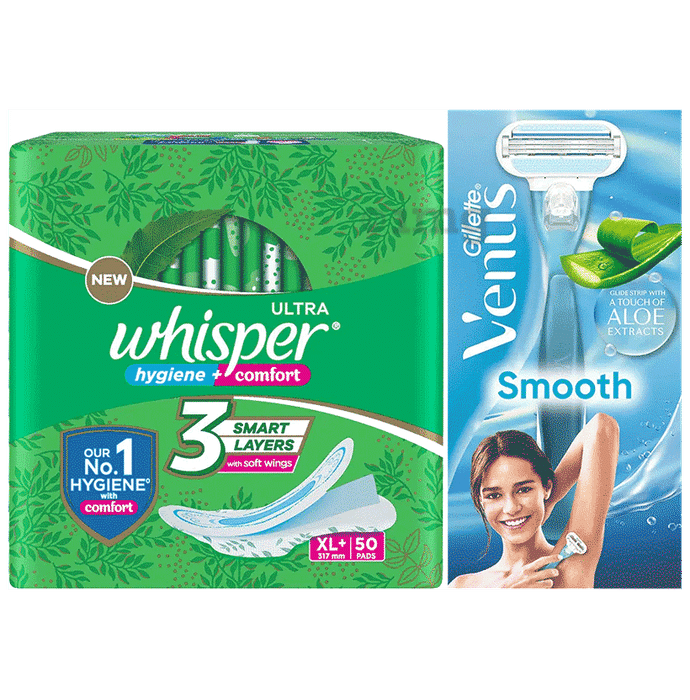 Combo Pack of Whisper Ultra Clean with Herbal Oil Sanitary Pads XL+ (50 Each) & Gillette Venus Smooth Razor