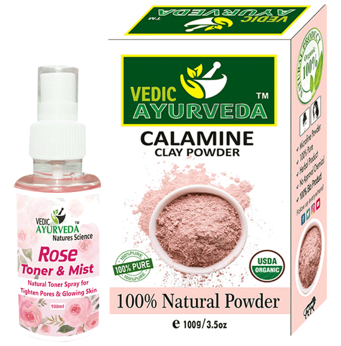 Vedic Ayurveda Combo Pack of Calamine Clay powder (100gm) & Rose Toner & Mist (100ml)