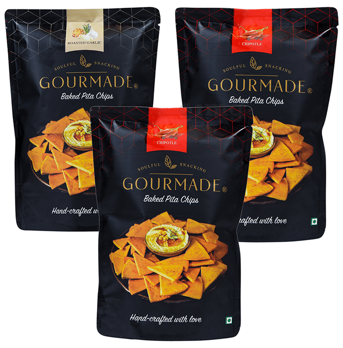 ‎Gourmade Soulful Snacking Combo Pack of Pita Chips Roasted Garlic-2 and Chipotle-1 (125gm Each)
