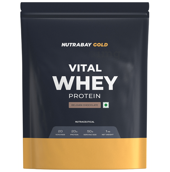 Nutrabay Gold Vital Whey Protein for Muscle Recovery | No Added Sugar | Flavour Powder Belgian Chocolate