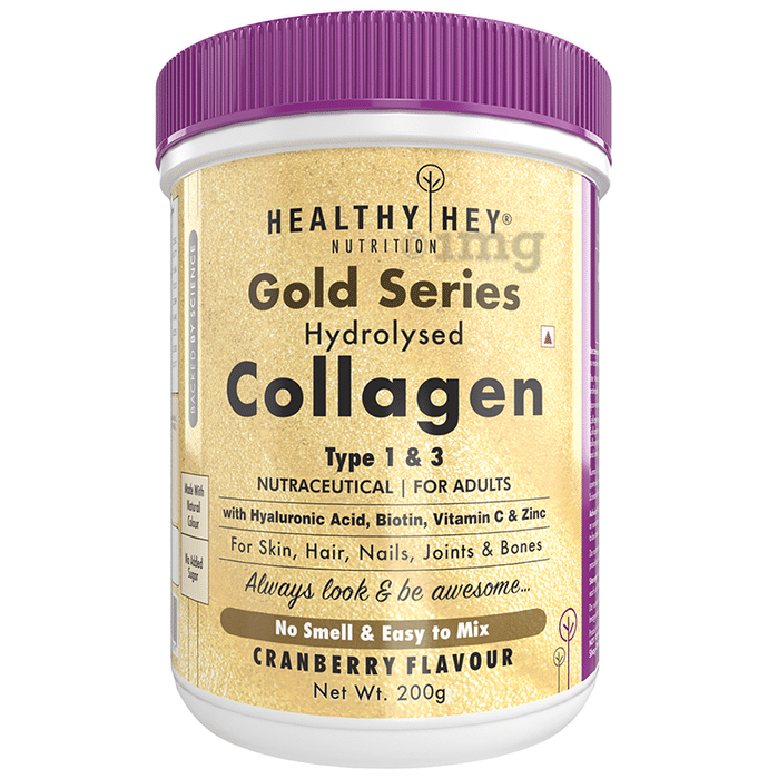 HealthyHey Nutrition Gold Series Hydrolysed Collagen Type 1 & 3 for Skin, Hair, Nails, Bones & Joints | For Adults | Flavour Cranberry
