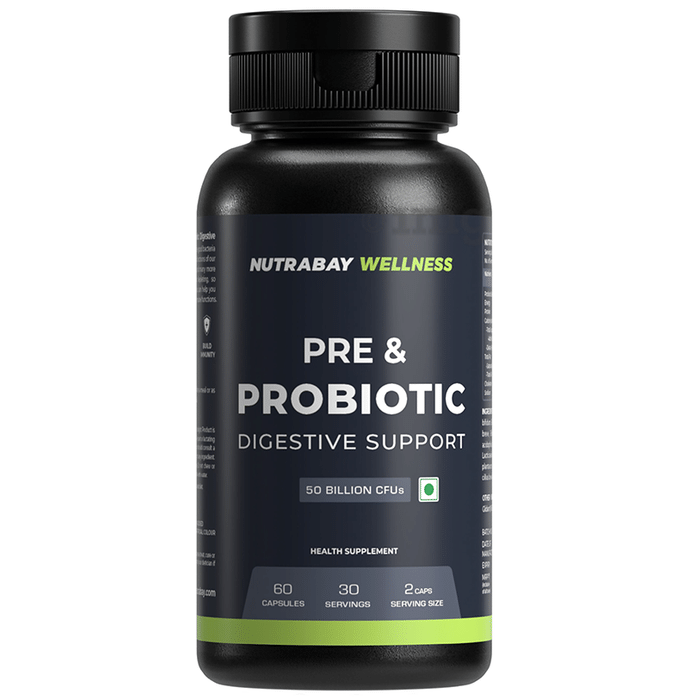 Nutrabay Wellness Pre & Probiotic 50 Billion CFUs Digestive Support | For Metabolism, Immunity & Gut Health | 50 Billion CFUs Capsule