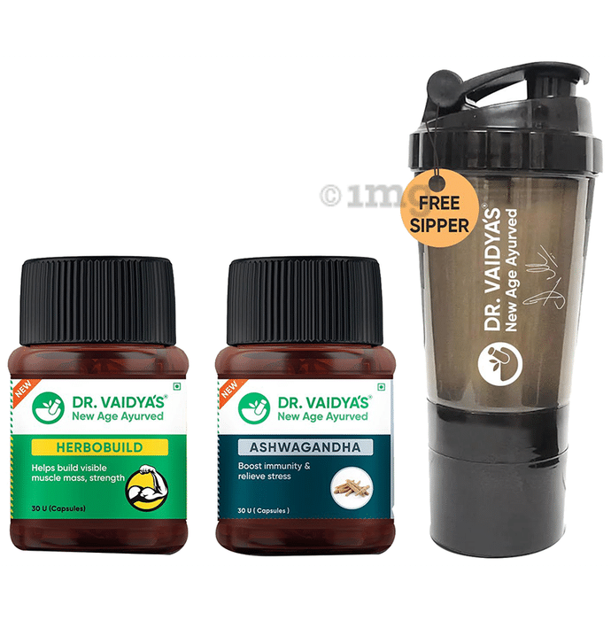 Dr. Vaidya's Combo Pack of Herbobuild Capsule and Ashwagandha Capsule (30 Each) with Sipper Free