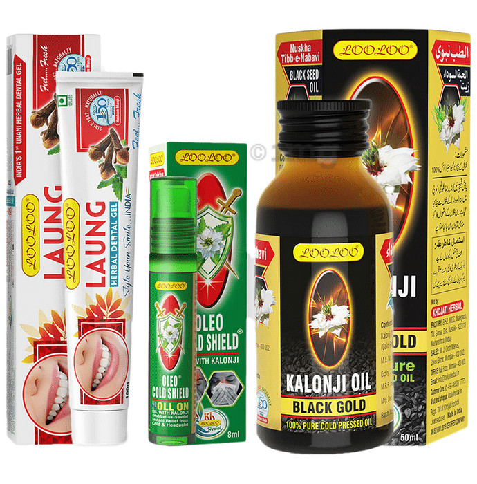 LooLoo Combo Pack of Laung Herbal Dental Gel (100gm), Oleo Cold Shield Roll On (8ml) and Kalonji Oil (50ml)