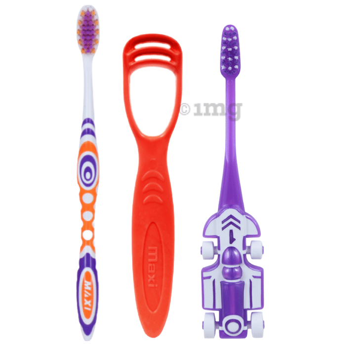 Maxi Oral Care Family Pack of 1 Zoom Car Junior Toothbrush, 1 Adult Style Toothbrush and 1 Tongue Cleaner