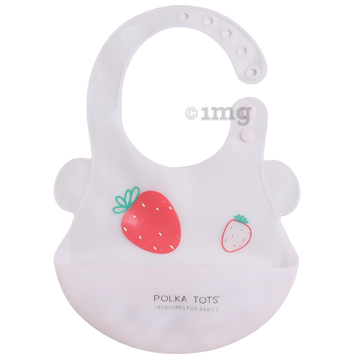 Polka Tots Waterproof Silicone Feeding Bibs With Adjustable Snap Buttons Strawberry Print Blue