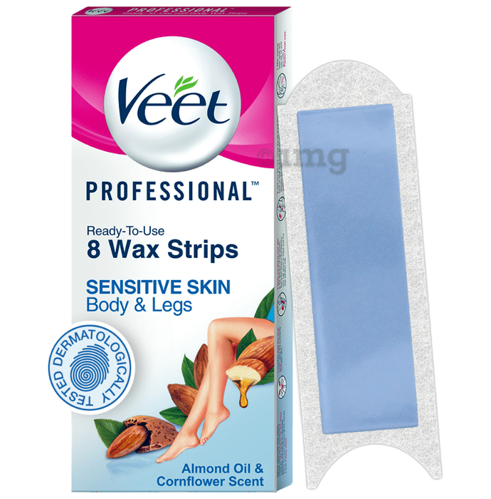 Veet Professional Waxing Strips Kit for Dry Skin, 8 Strips | Gel Wax Hair Removal for Women | Up to 28 Days of Smoothness | No Wax Heater or Wax Beans Required for Sensitive Skin