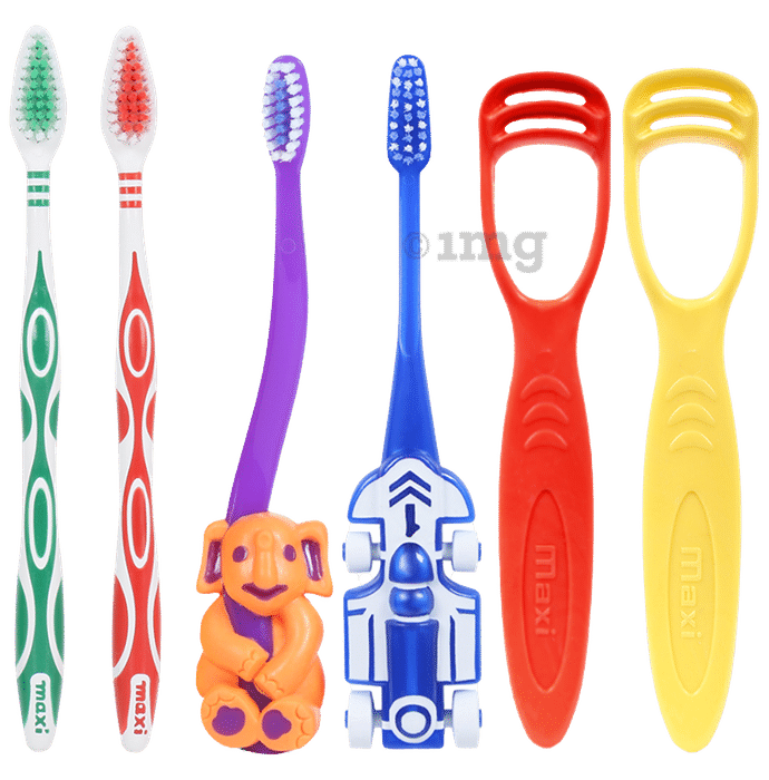 Maxi Oral Care Family Pack of 1 Zoom Car Junior Toothbrush, 1 Bingo Junior Toothbrush, 2 Adults Oval Grip 1000 Toothbrush and 2 Tongue Cleaner 1 Number