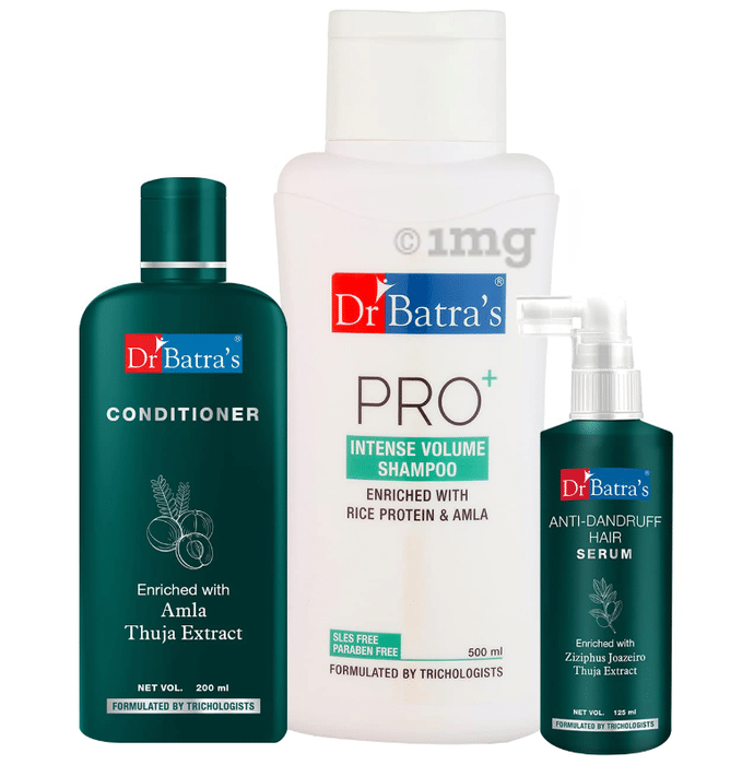 Dr Batra's Combo Pack of Anti-Dandruff Hair Serum 125ml, Conditioner 200ml and Pro+ Intense Volume Shampoo 500ml