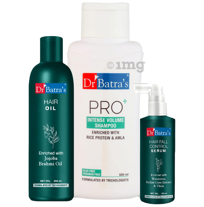 Dr Batra's Combo Pack of Hair Fall Control Serum 125ml, Hair Oil 200ml and Pro+ Intense Volume Shampoo 500ml