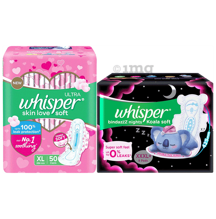 Combo Pack of Whisper Ultra Soft Sanitary Pads XL (50 Each) & Whisper Bindazzz Nights Koala Soft Pads XXXL+ (8 Each)