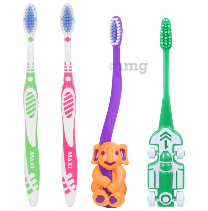 Maxi Oral Care Family Pack of 1 Zoom Car Junior Toothbrush, 1 Bingo Junior Toothbrush and 2 Adult Sensitive+ Toothbrush