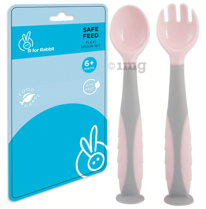 R for Rabbit Safe Feed Flexi Spoon Set 6+ Months Pink & Grey