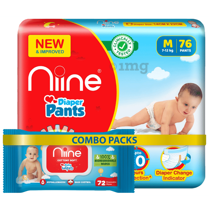 Niine Combo Pack of Baby Diaper Pants Medium (76) and Biodegradable Baby Wipes with lid (72)