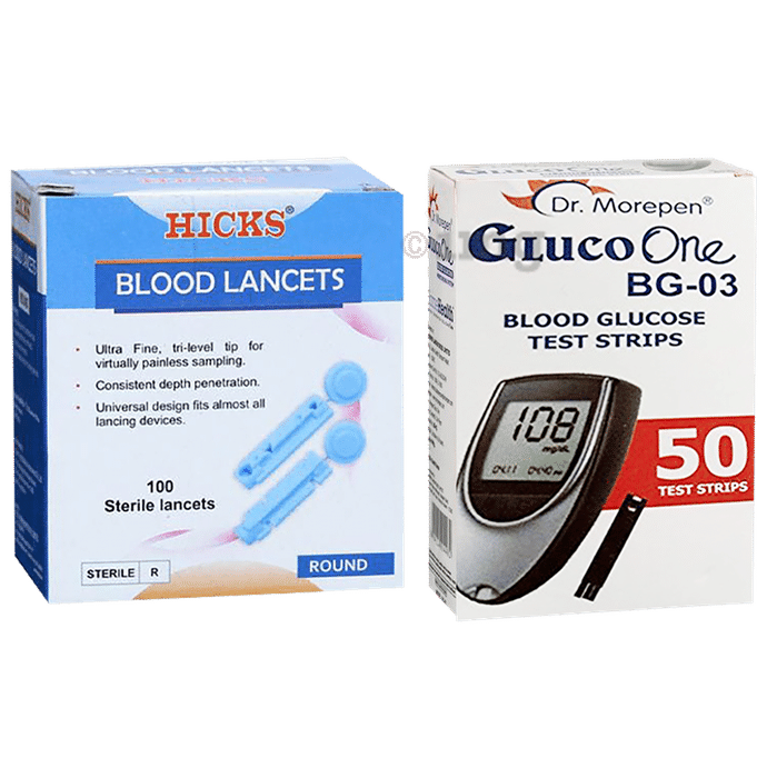 Combo Pack of Dr Morepen Gluco One BG 03 Blood Glucose Test Strip (50) & Hicks Round Blood Sterile Lancets (100)